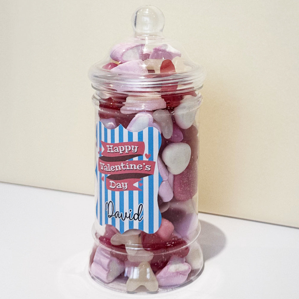 Personalised Valentines Day Sweets Mix in a Victorian Jar - Blue Stripes