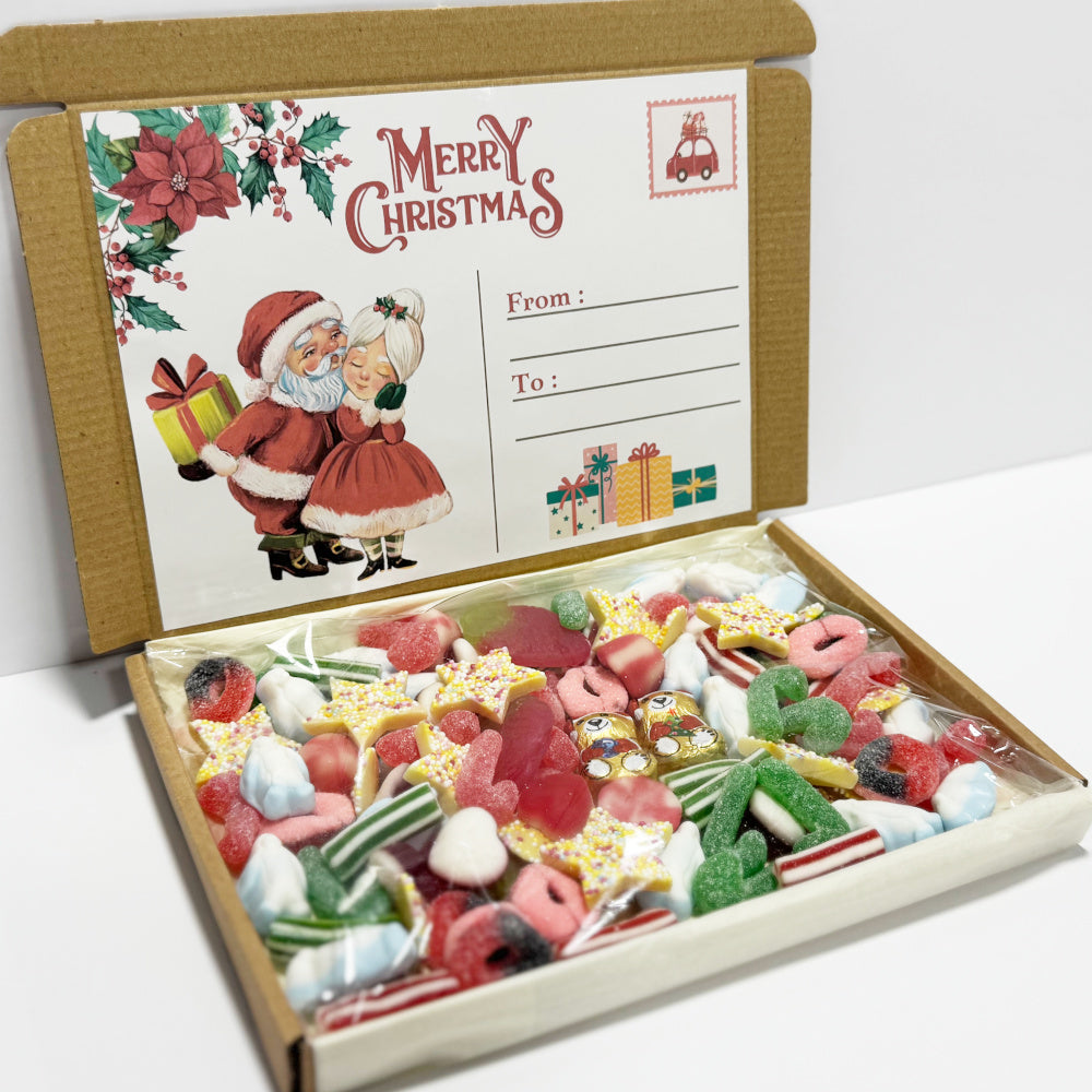 Personalised Christmas Mr & Mrs Santa Postcard Sweet Box