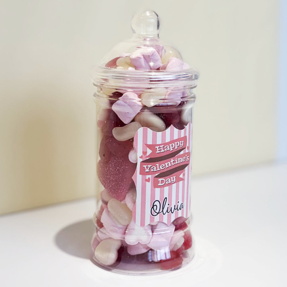 Personalised Valentines Day Sweets Mix in a Victorian Jar - Pink Stripes