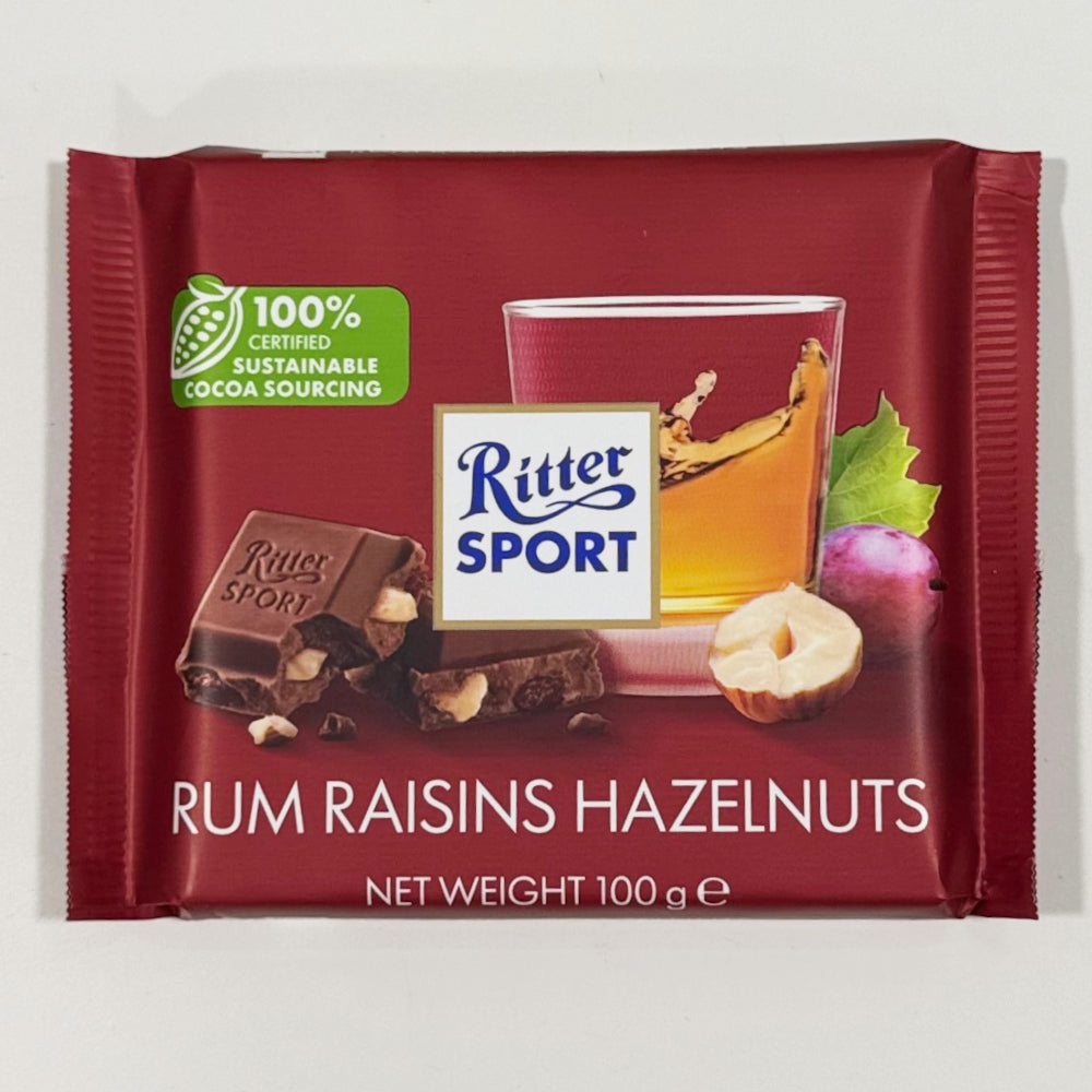 Ritter Sport Rum Raisins Hazelnuts Chocolate Bar 100gm